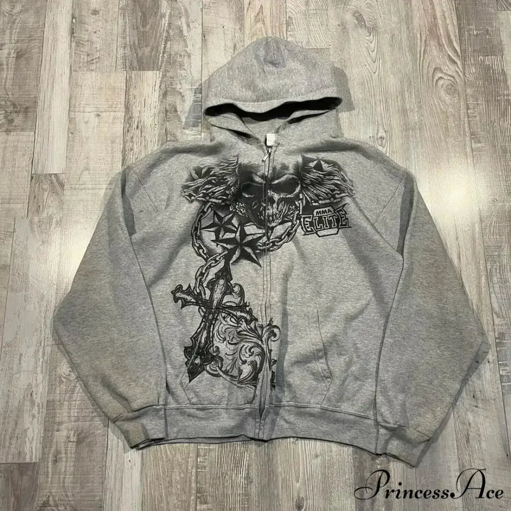 Skull Pattern Zipper Informal Hoodie grey / S hoodies-241228