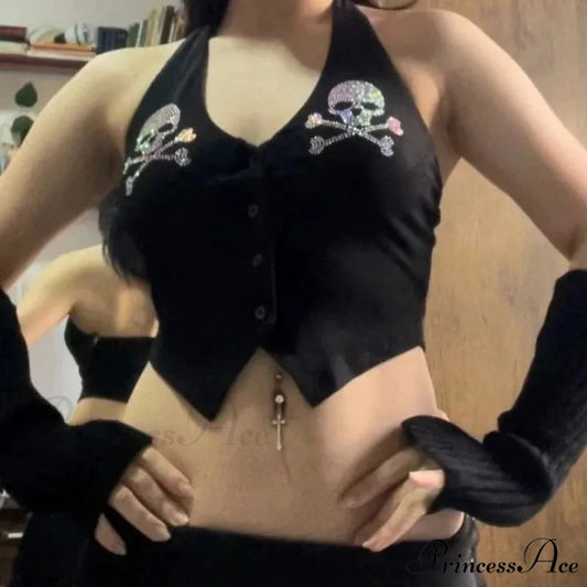 Skull Printed Gothic Hanging Neck Crop Top Black / S