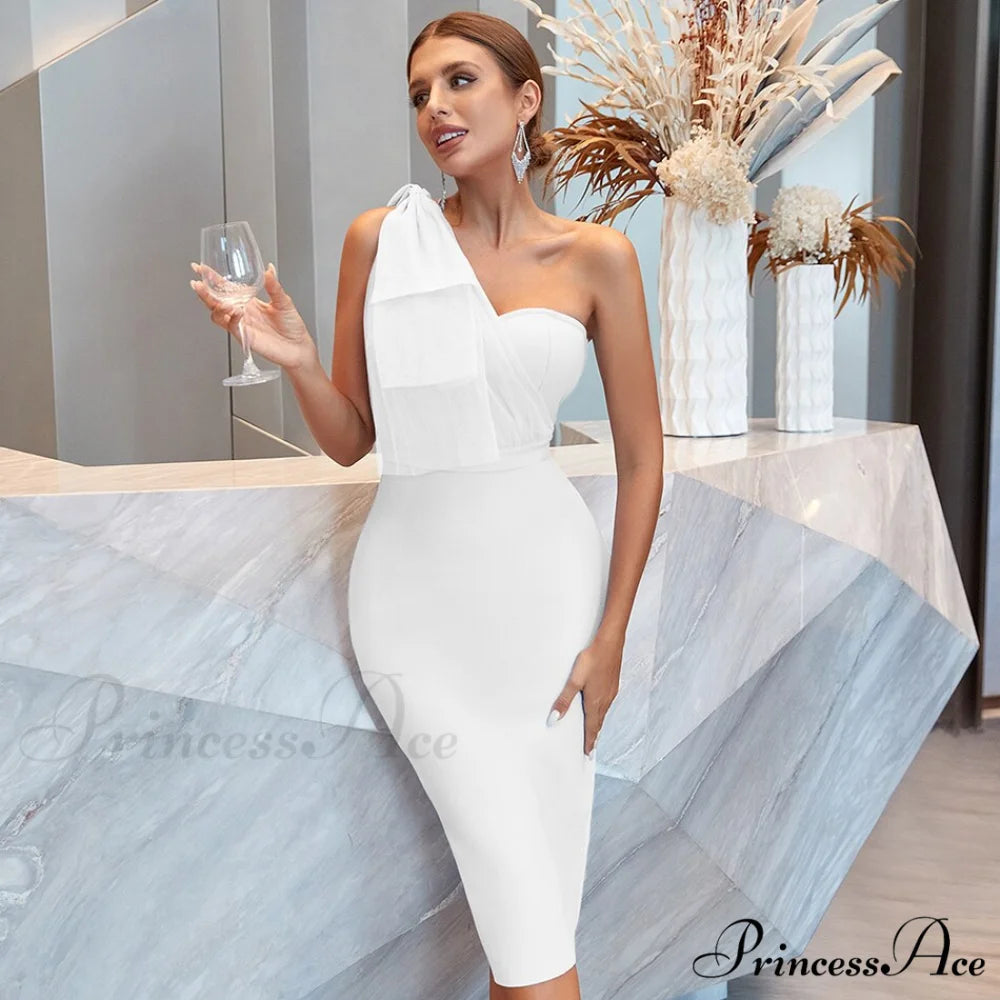 Sky Blue Mesh Bow Party Evening Midi Club Dress White Bandge Dress / XS