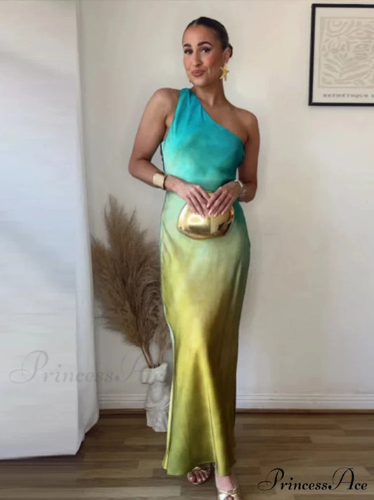 Slanting Collar Fading Holiday Dress blue / S vacationdress-250223