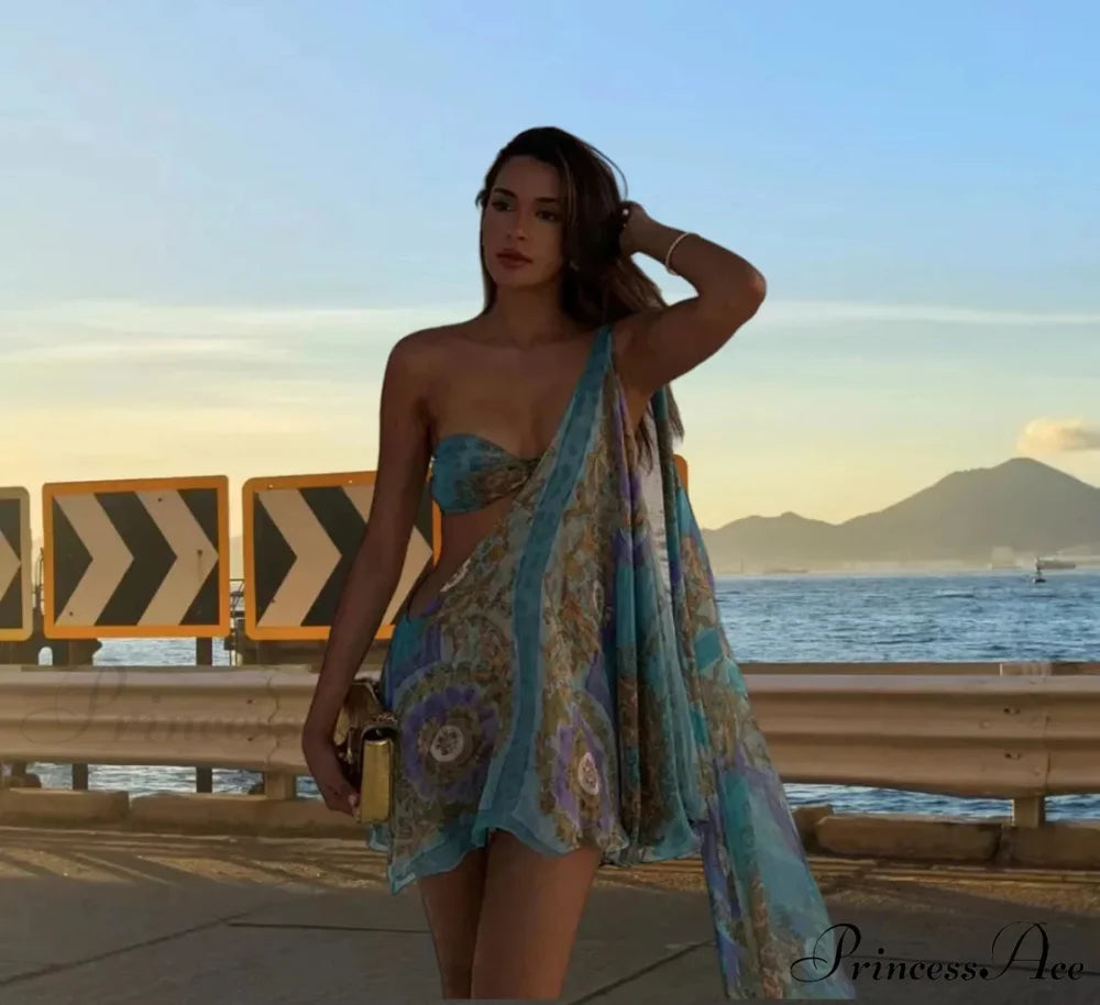 Slanting Shoulder Net Mini Dress Blue / S minidress-250223