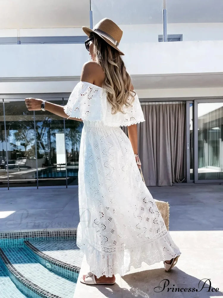 Slash Neck Embroidered Lace Hollowed Out Maxi Ivory Bohemian Dress bohodress-250126