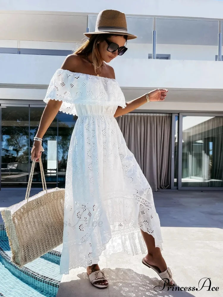 Slash Neck Embroidered Lace Hollowed Out Maxi Ivory Bohemian Dress bohodress-250126