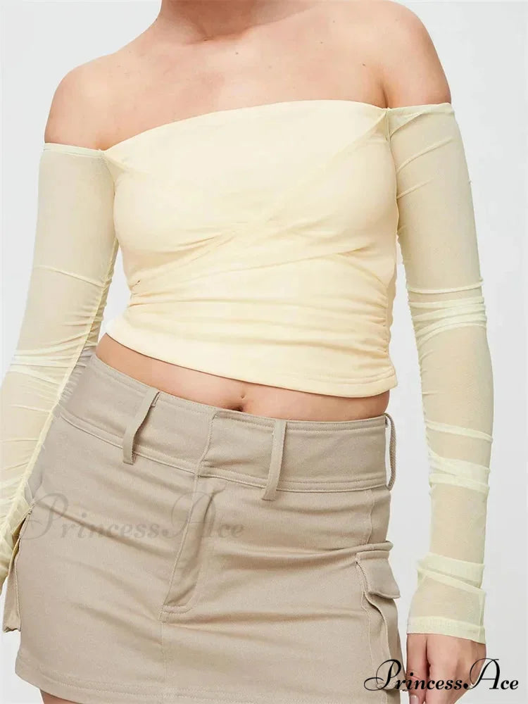 Slash Neck Off Shoulder Mesh See Through Long SleeveT-shirts