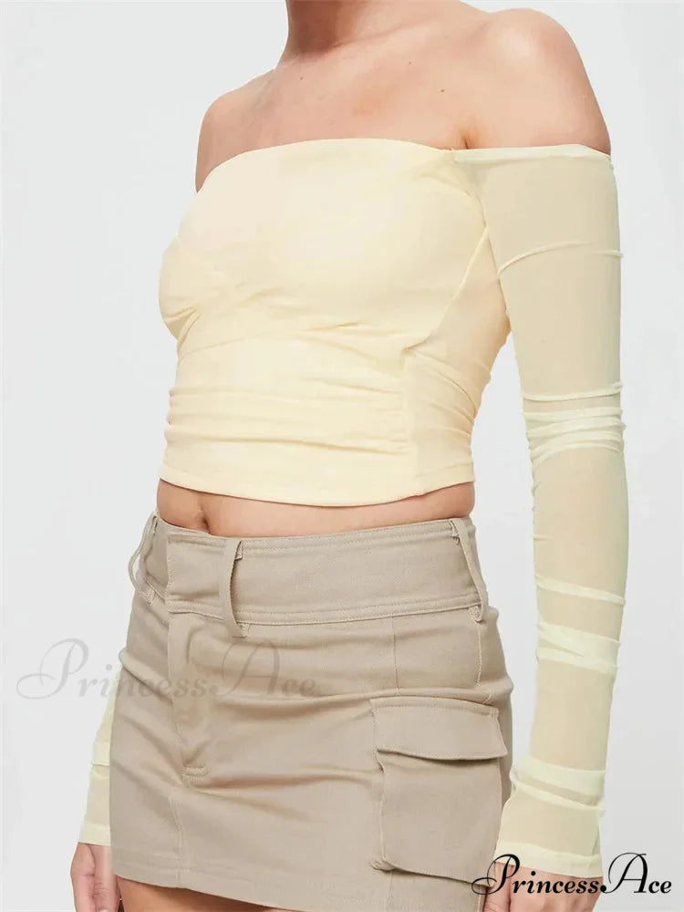 Slash Neck Off Shoulder Mesh See Through Long SleeveT-shirts