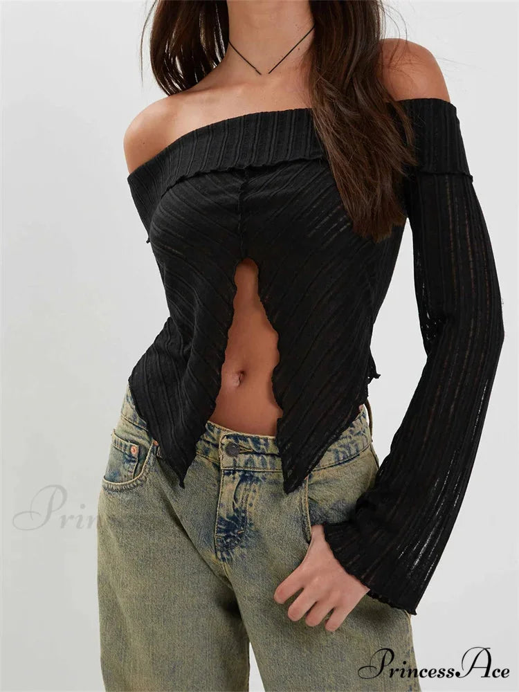 Slash Neck Off Shoulder Solid Color Slim Fit T-Shirts BLACK / S