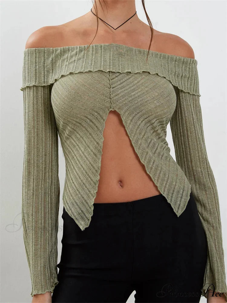 Slash Neck Off Shoulder Solid Color Slim Fit T-Shirts GREEN / S