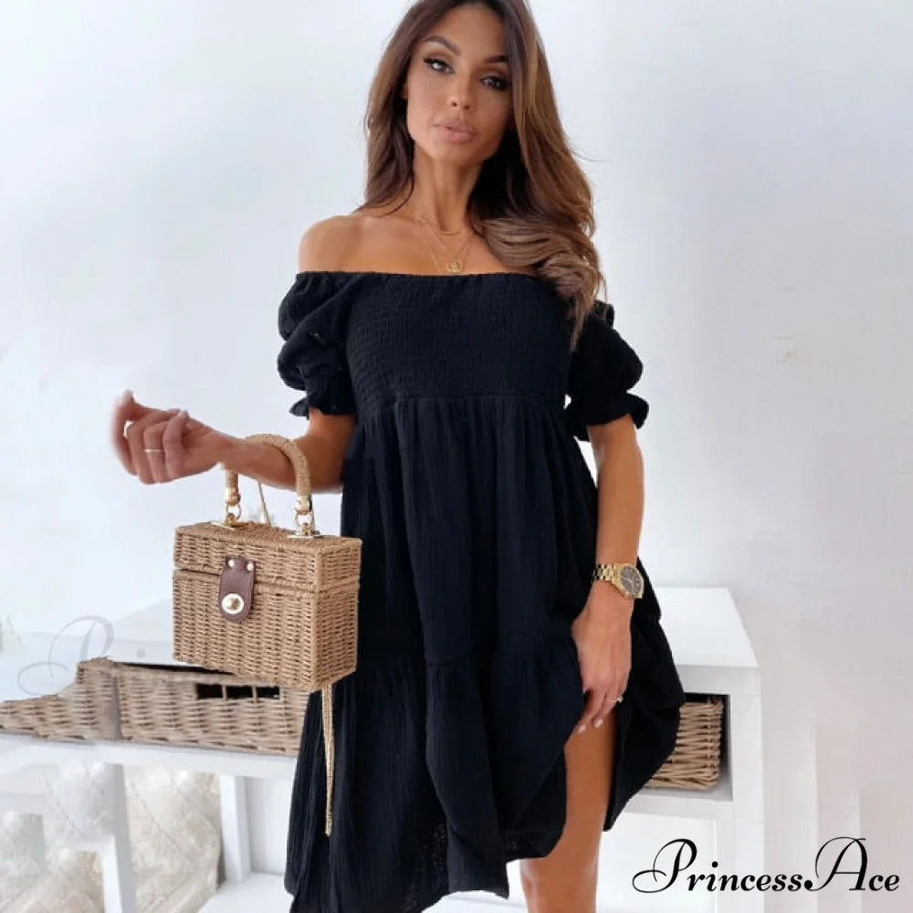 Slash Neck White Puff Sleeve Big Swing Dresses black / S