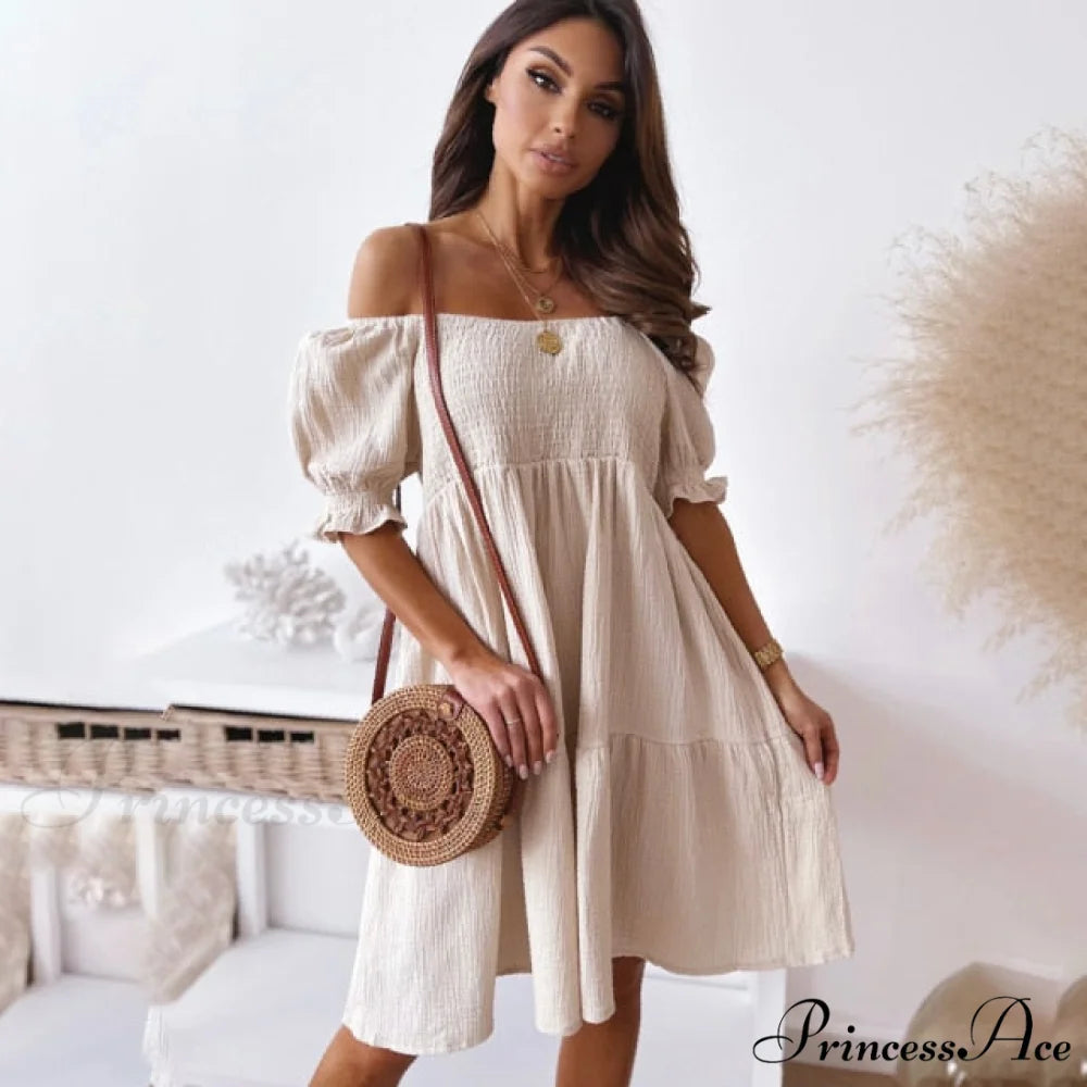 Slash Neck White Puff Sleeve Big Swing Dresses Khaki / S