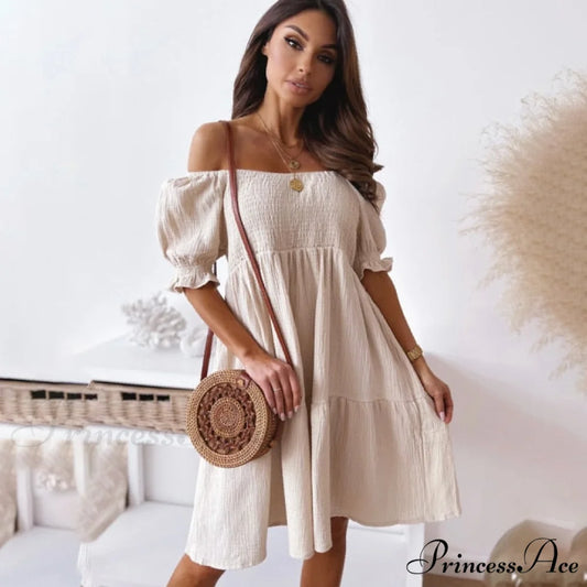 Slash Neck White Puff Sleeve Big Swing Dresses Khaki / S