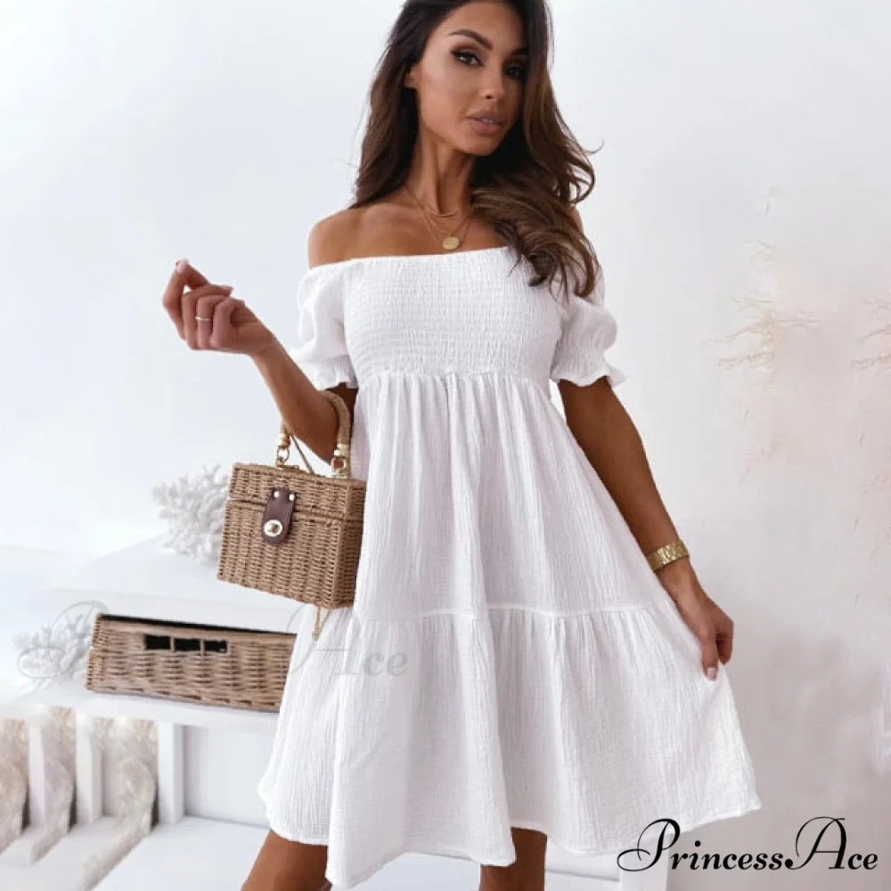 Slash Neck White Puff Sleeve Big Swing Dresses white / S