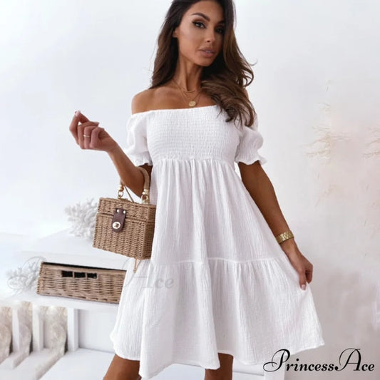Slash Neck White Puff Sleeve Big Swing Dresses white / S