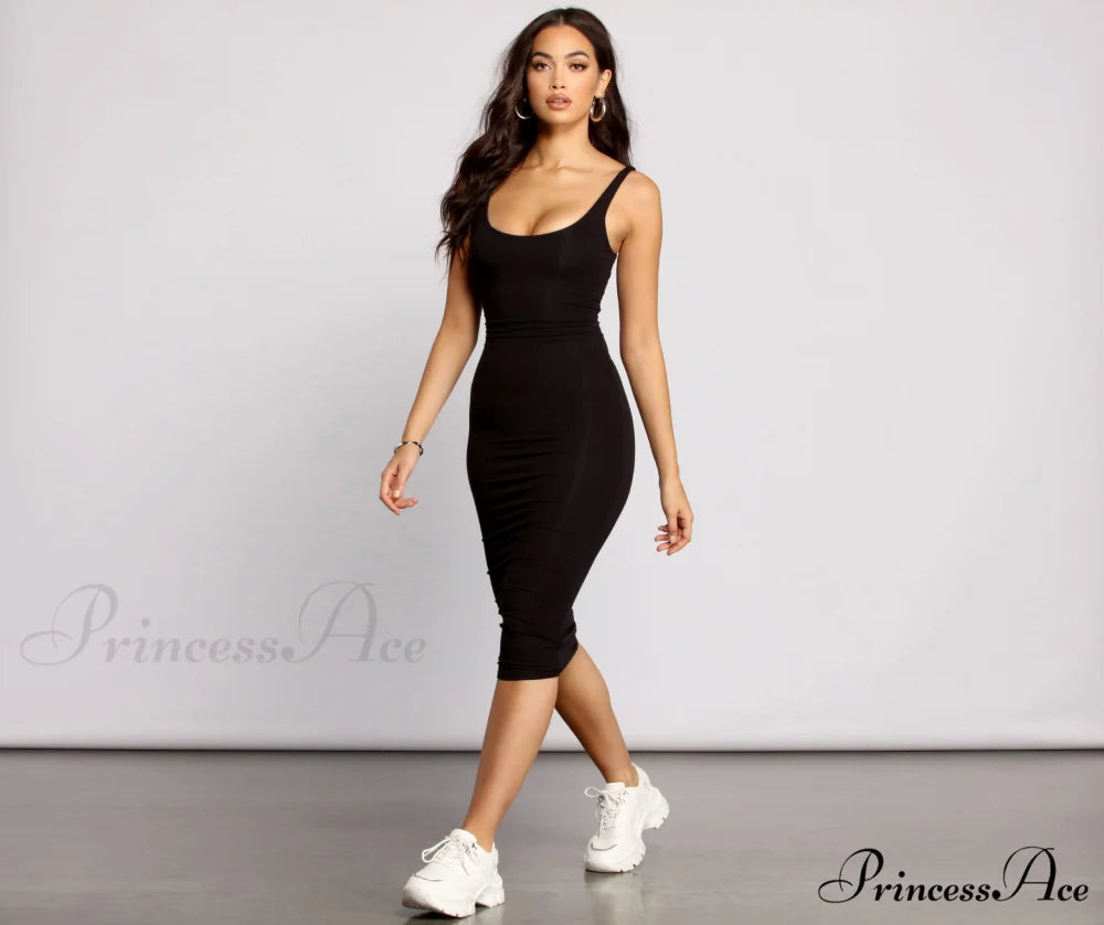 Slay Every Day Basic Graceful Scoop Neck Midi Dress BLACK / XS