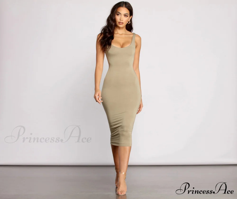 Slay Every Day Basic Graceful Scoop Neck Midi Dress SAGE / XS