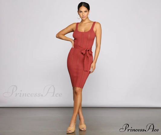 Slay In Style Ribbed Graceful Scoop Neck Midi Dress LIGHT MARSALA / XS