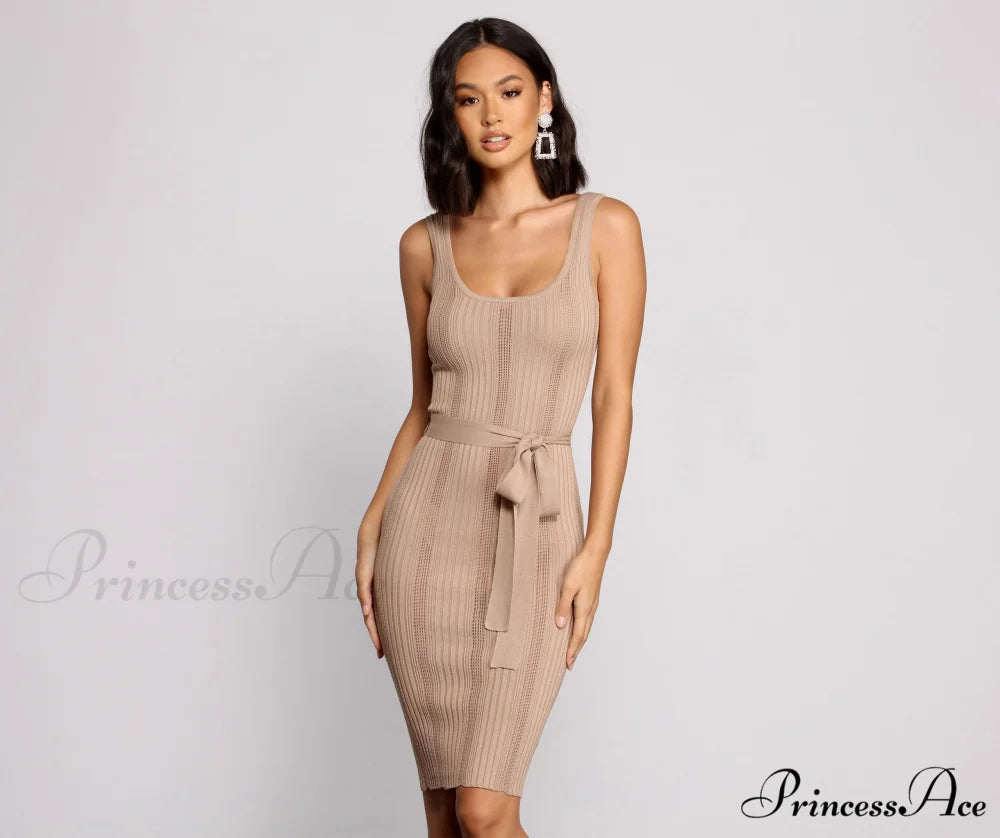 Slay In Style Ribbed Graceful Scoop Neck Midi Dress TAUPE / XS