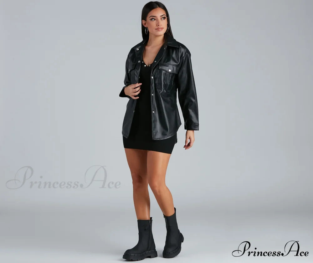 Sleek Trends Faux Leather Tie-Waist Shirt Jacket