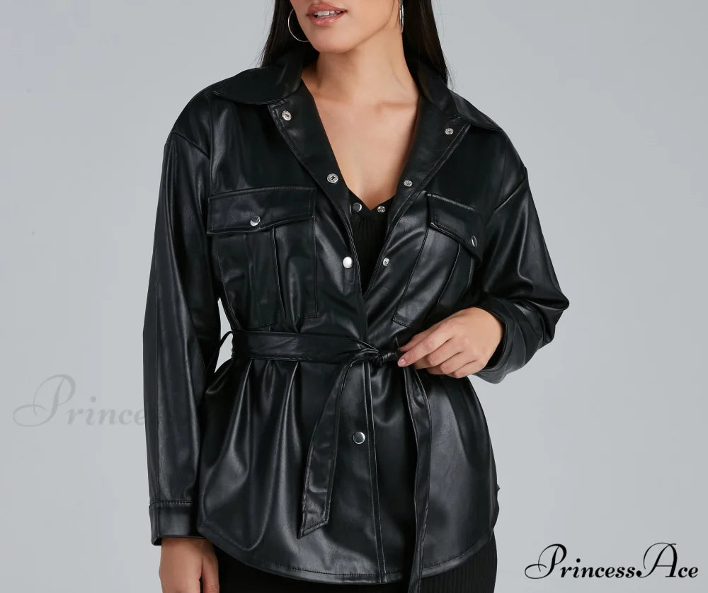 Sleek Trends Faux Leather Tie-Waist Shirt Jacket