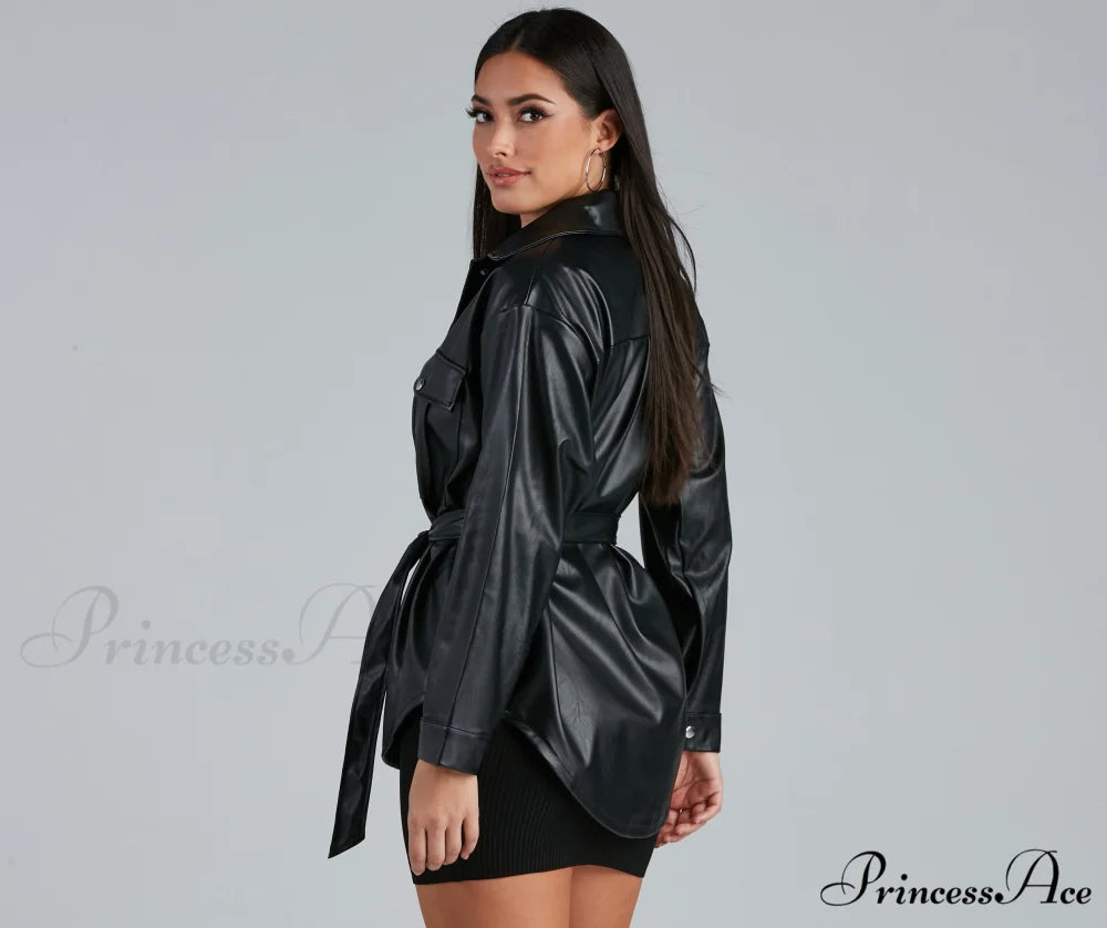 Sleek Trends Faux Leather Tie-Waist Shirt Jacket