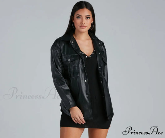 Sleek Trends Faux Leather Tie-Waist Shirt Jacket BLACK / S