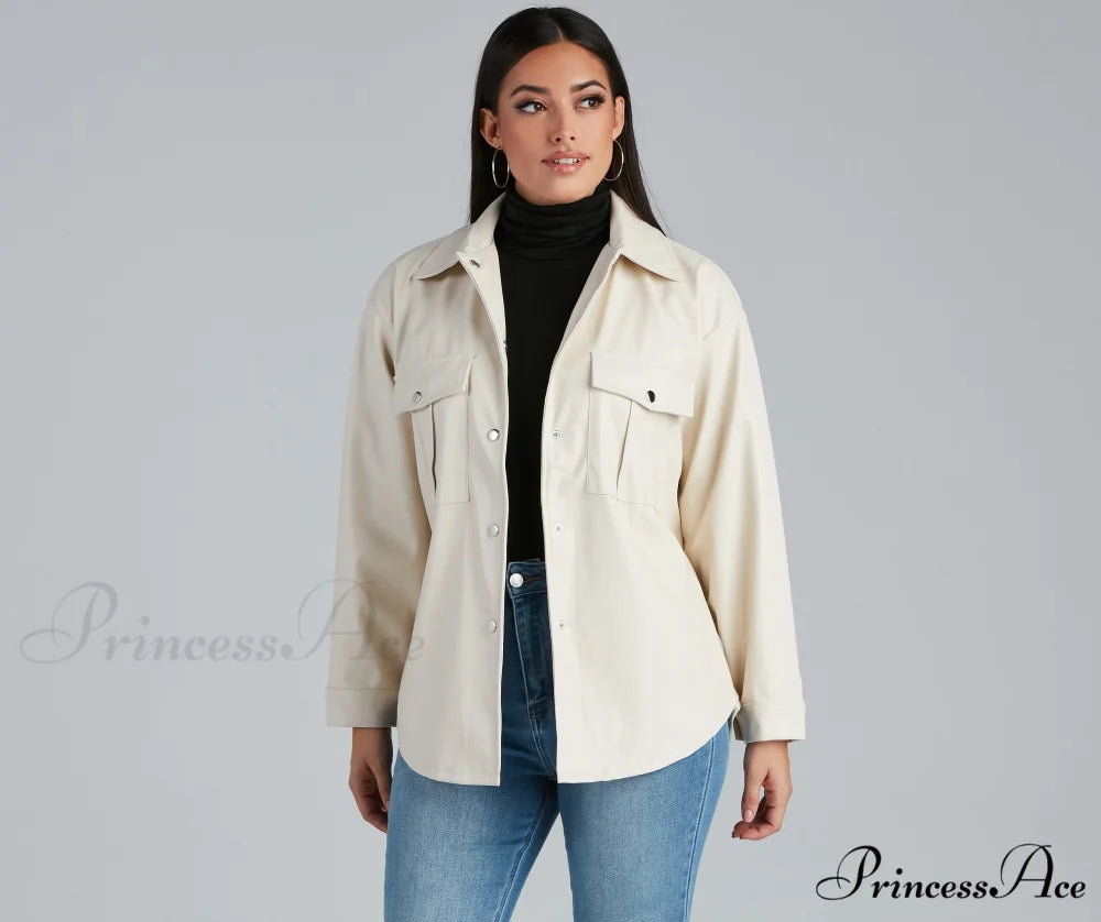 Sleek Trends Faux Leather Tie-Waist Shirt Jacket IVORY / S