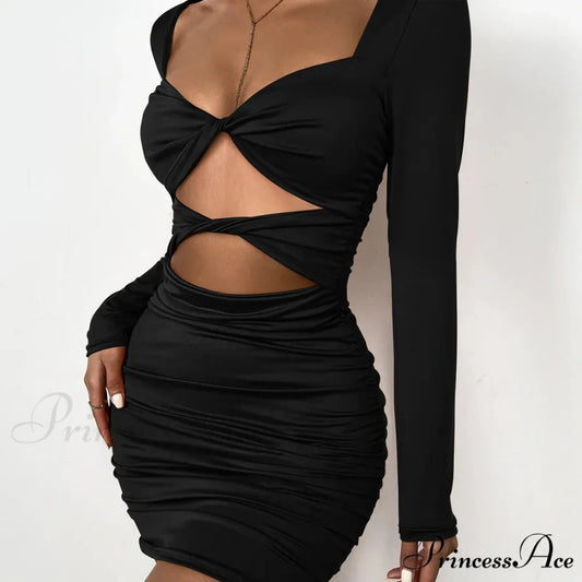 Sleeve Deep V Neck Hollow Out Pleated Ruched Soild Color Cut Out Dress BLACK / XS