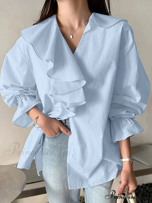 Sleeve Ruffled Basic Blouse Blue / S blouse-250126