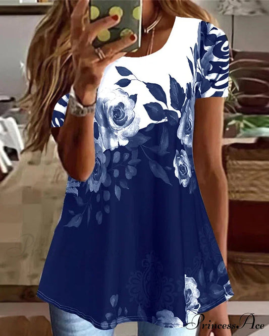 sleeve short print Flowered tee Blue / S