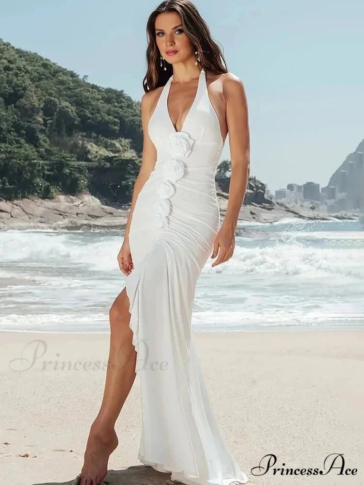 Sleeveless 3D Blooms Ivory Holiday Dress vacationdress-250223