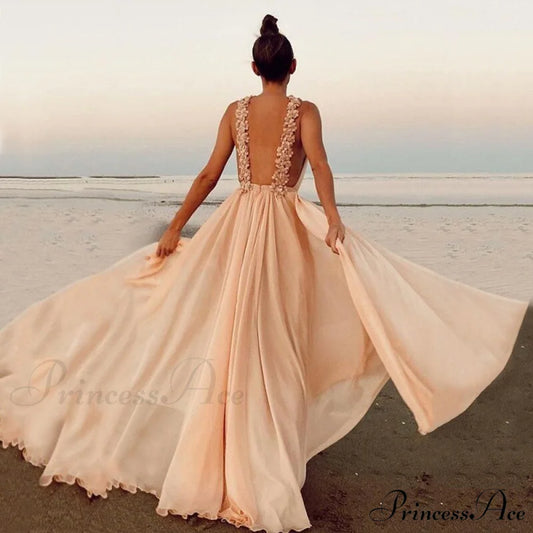 Sleeveless A Line Sexy Backless Elegant Long Vestidos Prom Dress Apricot / 2