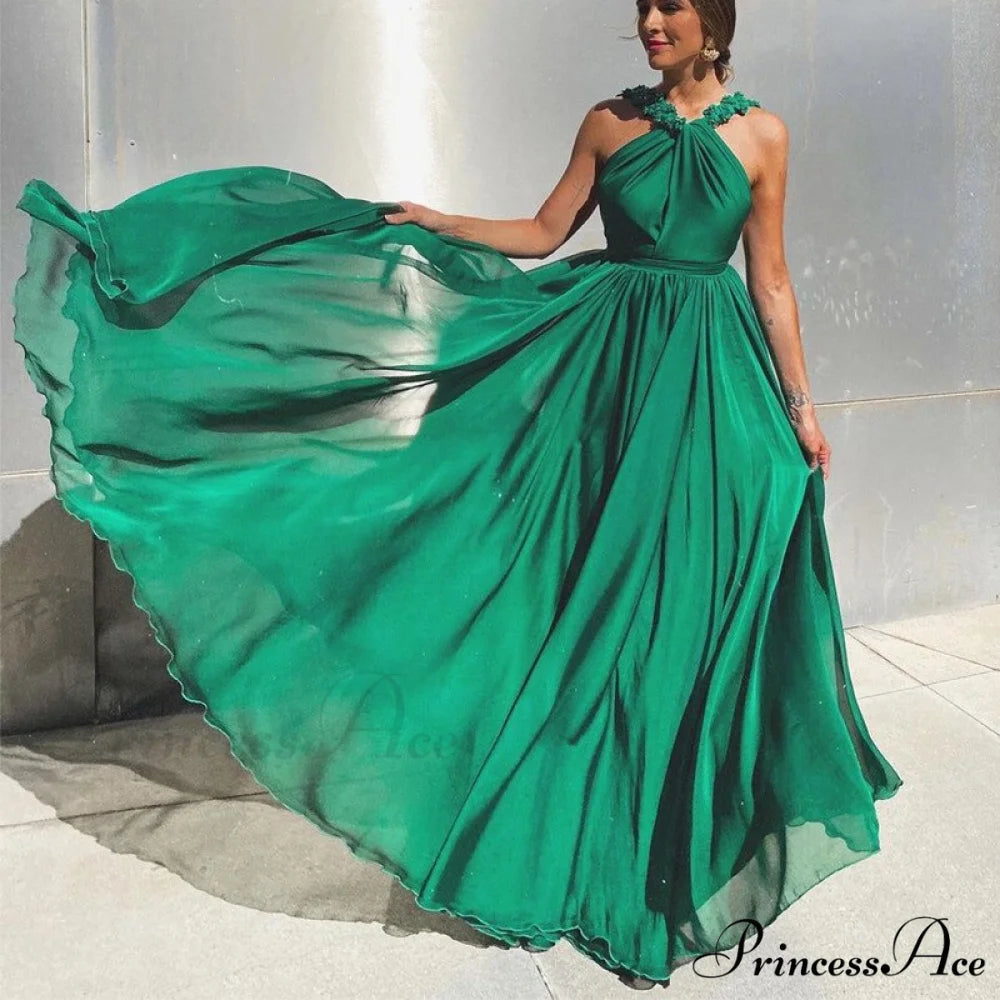 Sleeveless A Line Sexy Backless Elegant Long Vestidos Prom Dress Green / 2
