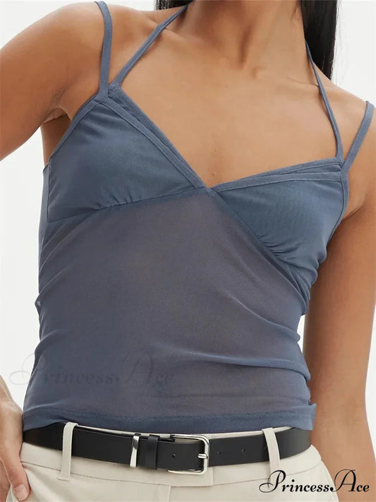 Sleeveless Band Patchwork Mesh Tank Crop Top BLUE1 / S croptop-250126