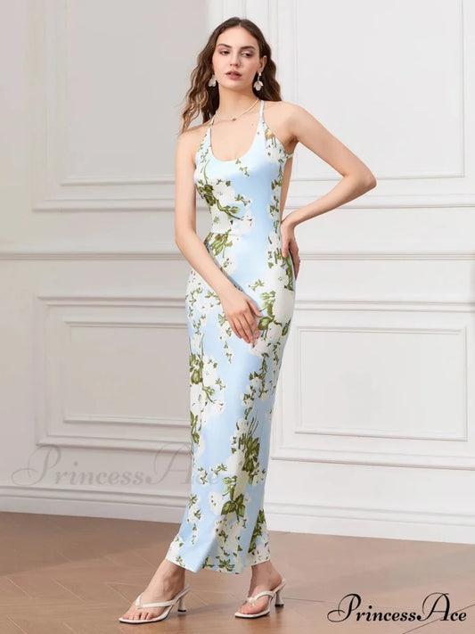 Sleeveless Celebration Spaghetti Strap U-neck Bodycon Evening Floral Dress floraldress-250126