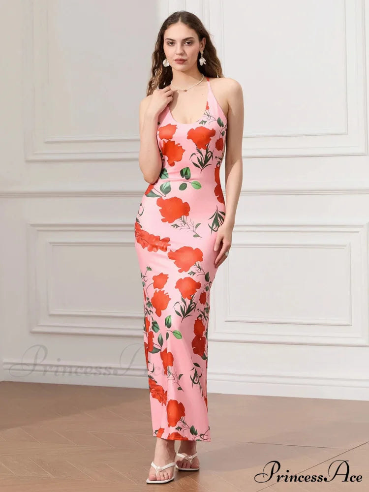 Sleeveless Celebration Spaghetti Strap U-neck Bodycon Evening Floral Dress floraldress-250126