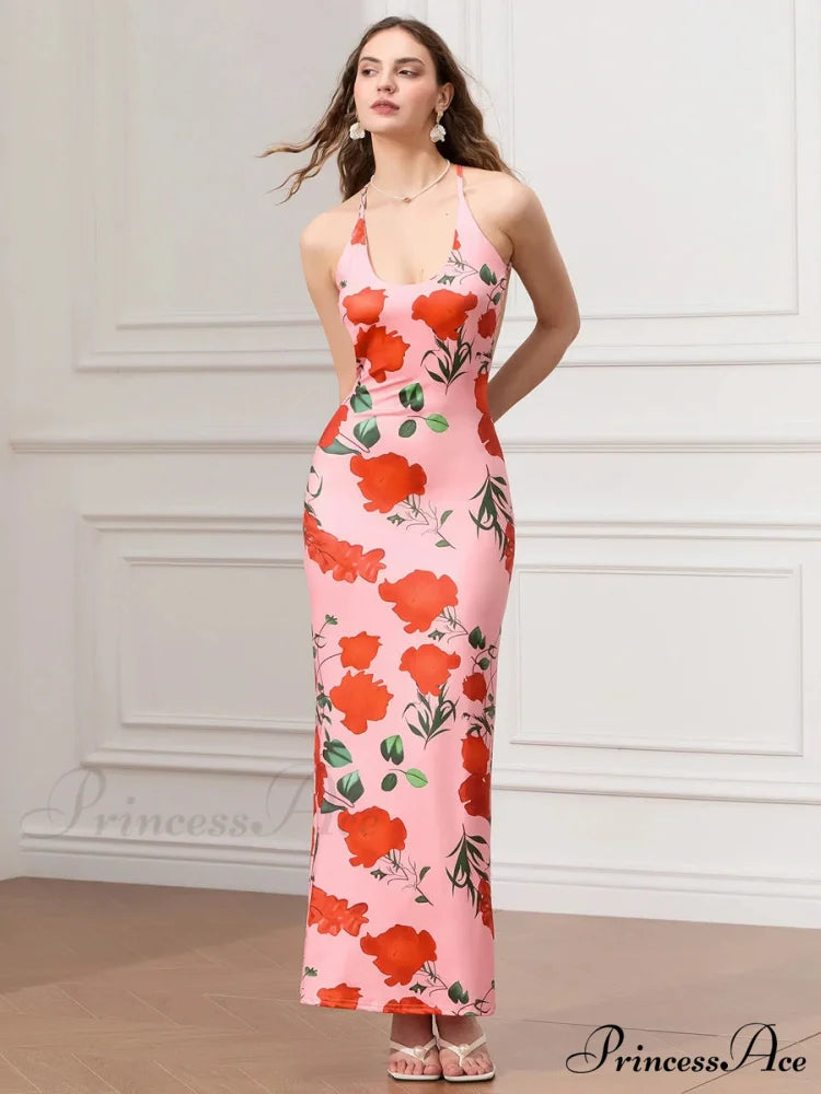 Sleeveless Celebration Spaghetti Strap U-neck Bodycon Evening Floral Dress RED / S floraldress-250126