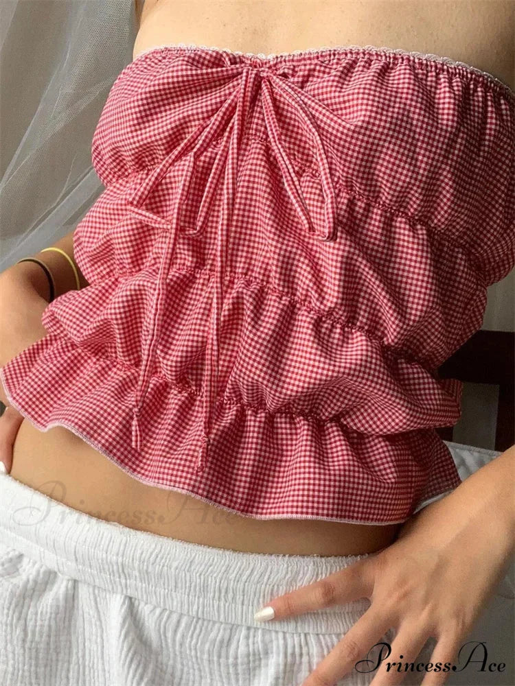 Sleeveless Checked Gathered Open-Back Tube Crop Top croptop-250126