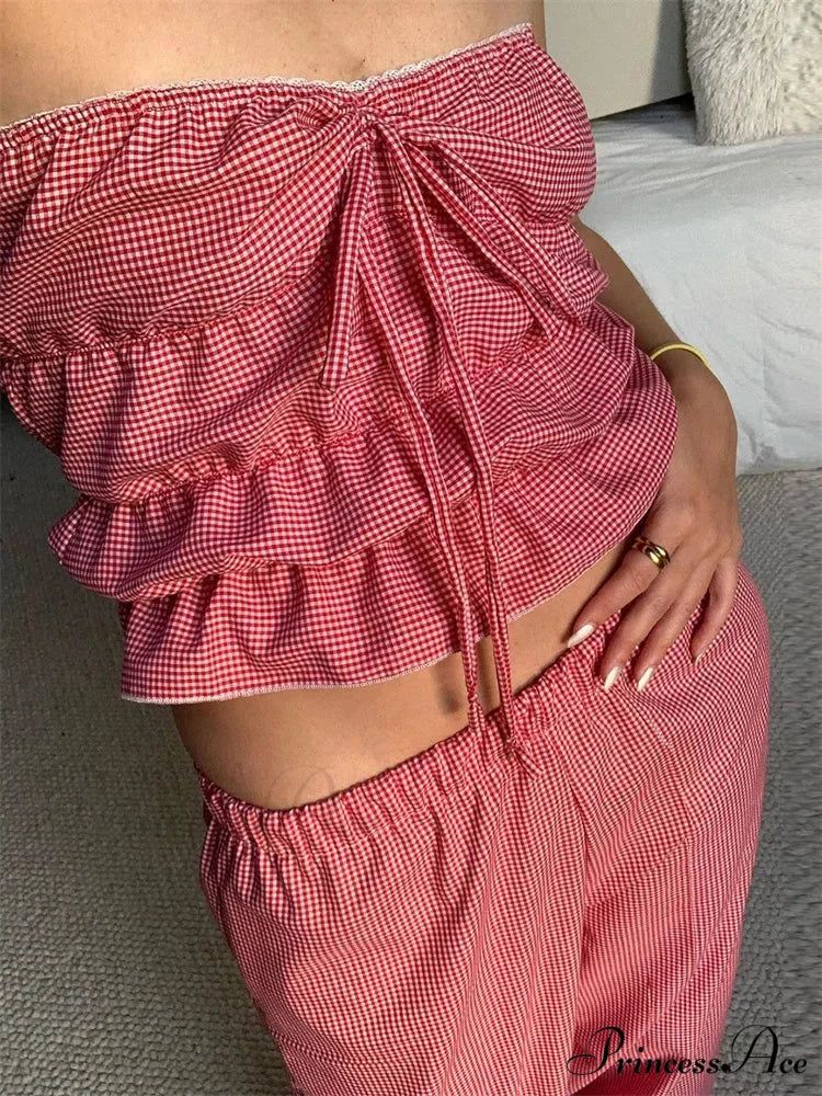 Sleeveless Checked Gathered Open-Back Tube Crop Top croptop-250126