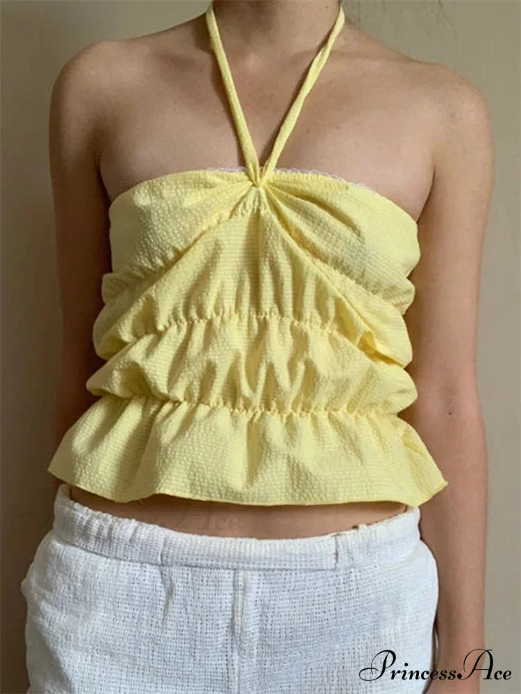 Sleeveless Checked Gathered Open-Back Tube Crop Top croptop-250126