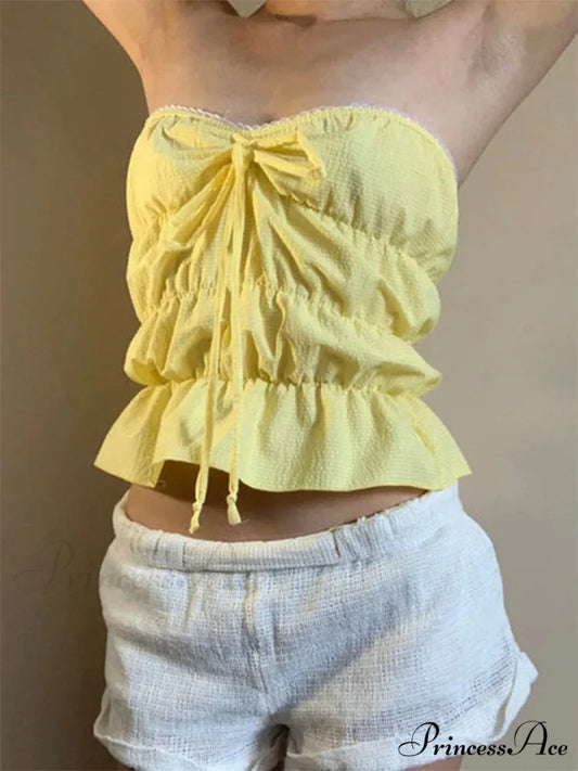 Sleeveless Checked Gathered Open-Back Tube Crop Top croptop-250126