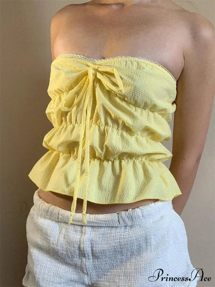 Sleeveless Checked Gathered Open-Back Tube Crop Top YELLOW / S croptop-250126