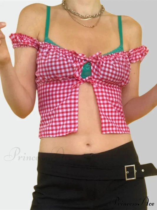 Sleeveless Checked Square Neck Tie-up Top blouse-250126