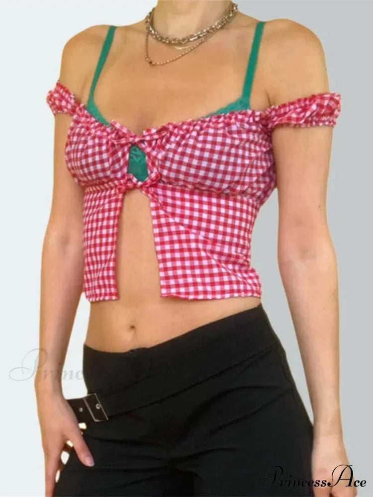 Sleeveless Checked Square Neck Tie-up Top blouse-250126
