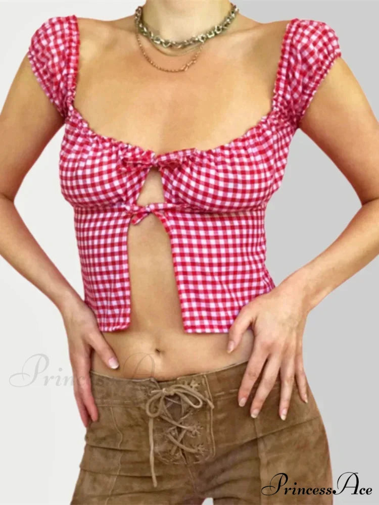 Sleeveless Checked Square Neck Tie-up Top blouse-250126