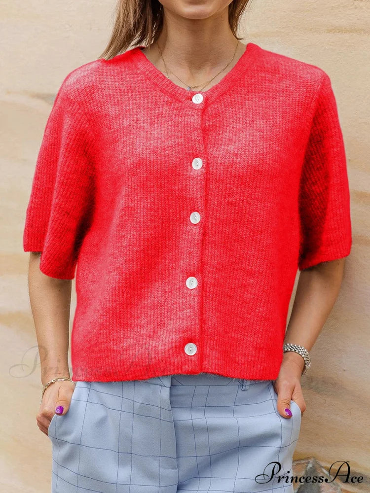 Sleeveless Circular Neck Button-Up Cardigan red / S cardigans-241228
