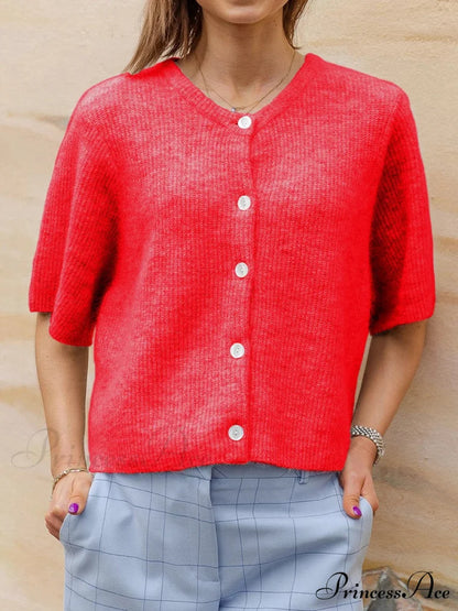 Sleeveless Circular Neck Button-Up Cardigan red / S cardigans-241228
