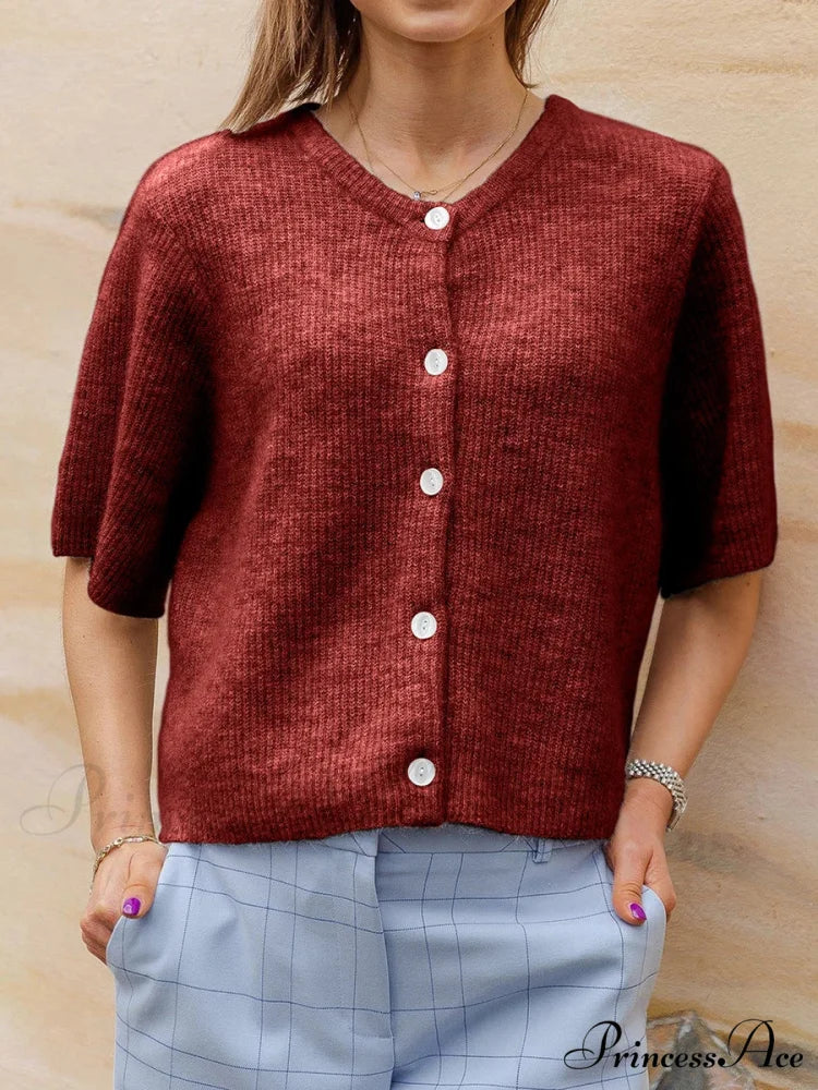 Sleeveless Circular Neck Button-Up Cardigan wine red / S cardigans-241228