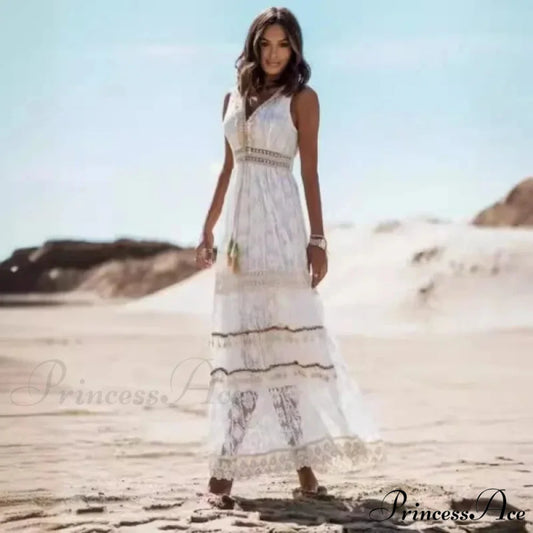 Sleeveless Corded Up Fringe Patchwork Summertime Long Hippie Dress bohodress-250126