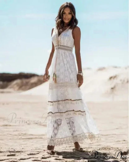 Sleeveless Corded Up Fringe Patchwork Summertime Long Hippie Dress White / S bohodress-250126