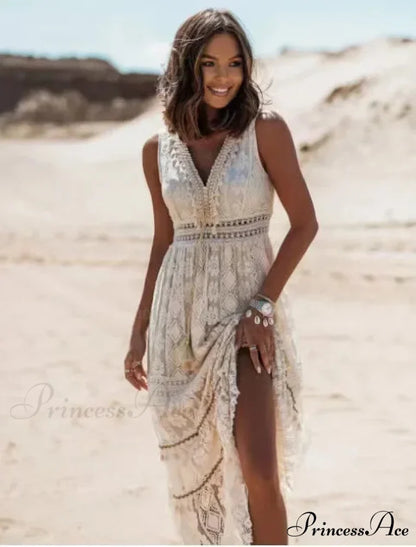Sleeveless Corded Up Fringe Patchwork Summertime Long Hippie Dress WHITE / S bohodress-250126
