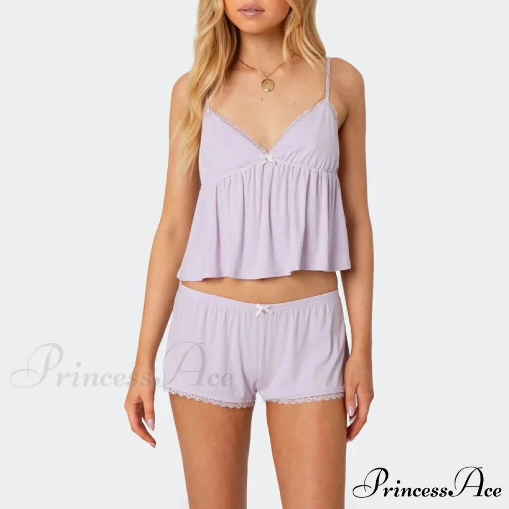 Sleeveless Deep Neck Cami Babydoll Crop Top Lace Trim Shorts Two Pieces Set PURPLE / S twopiecesset-250126